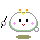 Pixelated character with white rounded body, orange and yellow antennae, pink blush marks, and green base, shown in four expressions with black-and-white brush props.