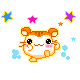 Pixelated hamster-like character with orange-brown stripes, pink cheeks, and black eyes appears in four variations against white background with colored stars.