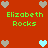 Red background with green text "Elizabeth Rocks" and multiple heart icons in gray and light blue.