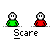 Pixel art animation of two small figures in green and red shirts with white faces, showing sequential expressions and text bubbles like "BOO!!!" and "HAHA" against a gray background.
