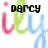Animated icon with stylized 'ily' text in pink, green, and blue, displaying 'parcy' text above and six black heart icons below in