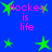 Blue background with green star shapes and pink text reading "Hockey is life" in four quadrants.