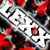 A static pixelated image features white cross shapes against a black, red, and gray background with scattered bright spots.