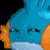 Blue cartoon character with orange ears and light blue mouth, eyes closed, against black background.