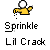 Pixelated character in yellow shirt with white head, arms extended left and right, small black dots below left hand; text "Sprinkle" under character and "Lil Crack" below that.