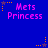 Blue background with repeated 'Mets Princess' text in pink pixelated font, surrounded by orange and purple star-shaped icons.