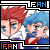 Pixelated character faces with red and blue hair, white and purple clothing, and 'FAN' text in blue and red borders.