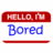 Red and blue pixelated text on white background reads 'HELLO, I'M Bored' with red horizontal bars above and below the text.