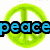 Animated icon with green peace symbol, pink heart, and orange smiley face over blue text reading 'peace' and 'love'.
