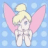 Pixelated character with blonde hair in a bun, pink wings, and white outfit against light blue background with circular patterns.
