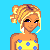 Pixel art character icon with yellow polka-dot top, gray capri pants, and high heels on blue background showing two poses.