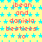 A static pixel art image with a yellow background patterned by light blue stars, featuring repeated red text reading "jbean and daniela besties xo" in multiple
