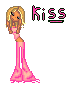 Pixel art of a blonde woman in pink dress covering her face with hands, next to 'Kiss' text on gray background.