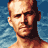 A shirtless male model with short hair and stubble appears in a three-frame contact sheet showing progressive chest muscle focus against a blue water background.