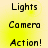Pixelated text displays 'Lights', 'Camera', and 'Action!' in two on a yellow gradient background with subtle light effects