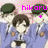 Pixelated anime-style character in blue uniform with brown buttons, green cap, and brown hair, shown in multiple views with pink text labels above.