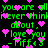 Green pixelated text on black background with pink heart symbols scattered throughout, repeating phrases and signatures.