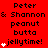 Red background displays repeated text "Peter & Shannon peanut butta jelltime!" with white heart symbols appearing in sequence across three