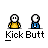 Animated contact sheet of 20 pixel art frames showing two stick figures performing a kicking motion with text "Kick Butt" below each frame.