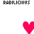 Pixelated pink hearts float over repeated 'RADILICIOUS' text in a static pattern with grayed-out background repetitions