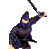 Pixelated figure in dark purple and black attire holding a long staff-like object, standing against solid gray background.