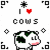 Pixelated cow head with green patches, pink cheeks, and black eyes; red heart symbol above text 'I ❤️ cows' in gray block letters.