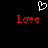 A black background displays a white pixelated heart above two red 'Love' texts with glitch effects.