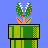 Two pixel-art plants in green pots with orange stems, one with open mouth showing white teeth and the other closed.