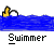 Animated contact sheet showing five frames of a yellow stick figure swimming in blue water with white circular objects, labeled "Swimmer" under each frame.
