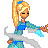 Pixel art character with blonde ponytail in blue and green outfit, performing motion with flowing gray fabric