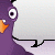 Pixelated purple bird with orange beak and white eye rings, standing on light purple ground with black outline, next to speech bubble containing partial text.