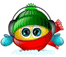 A cartoon character with a green knit hat, red body, and blue hands wears headphones; its eyes shift from wide open to narrowed expressions