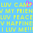 Pixelated yellow text on blue background with pink heart symbol, repeating phrases like "LUV CAMP" and "I LUV ME!!!" in a