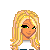 Pixel art contact sheet showing two frames of a blonde female character with green eyes, white shirt, black pants, and orange accents in an animated icon sequence.