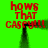 Red text on green background with black vertical lines, displaying 'hows that casey!!!' in four positions across the frame.