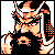 Pixelated static image of a stylized character with orange and white hair, black clothing, and visible facial features including eyes, nose, mouth, and eyebrows.