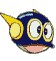 Five pixelated cartoon character heads in a 3x2 contact sheet with yellow ear-like protrusions, each wearing distinct colored helmets and displaying unique facial expressions against a gray background.