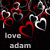 Pixelated icon with red and white heart shapes on black background, featuring text 'love' and 'adam' in gray lowercase letters.