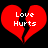Two red broken heart shapes with white text "Love Hurts" on black background, each heart split into two jagged pieces.