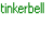 Green pixelated text 'tinkerbell' appears left of a fairy figure with yellow hair, green dress, and translucent blue wings in mid-flight pose.