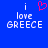 Blue background with white pixelated text 'i love GREECE' and a pink heart symbol above the word 'love'.