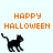 Pixelated black cat walking left to right with orange 'HAPPY HALLOWEEN' text above on light blue background.