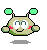 Pixelated character with green antennae, pink cheeks, and a smiling mouth on left; same character with open mouth on right.