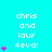 A cyan background displays repeated text 'chris and laur 4eva!' with pink heart symbols in varying quantities across three