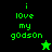 Green pixelated text 'i love my godson' on black and green backgrounds with star symbols, one static and one animated.