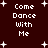 A 4-frame animated contact sheet showing repeated text "Come Dance With Me" in pixelated white font against a dark red background with scattered white star shapes, arranged in a 2x2 grid layout.