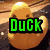 Pixelated image with green 'DUCK' text over a brown duck-like figure, blue 'DiNoSaUr' text above a small dinosaur icon, and pink 'ducka saur:)' text on a beach background.