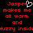Red pixelated text on black background reads 'Jasper makes me all warm and fuzzy inside' with a white heart symbol replacing the 'a' in Jasper.