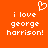 Orange background with white pixelated text reading "i love george harrison!" and a heart symbol above the left side of the text.