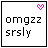 Two side-by-side pixel art icons display "omgzz srsly" text with heart symbols; left icon has white background and pink heart, right has black background and green heart.